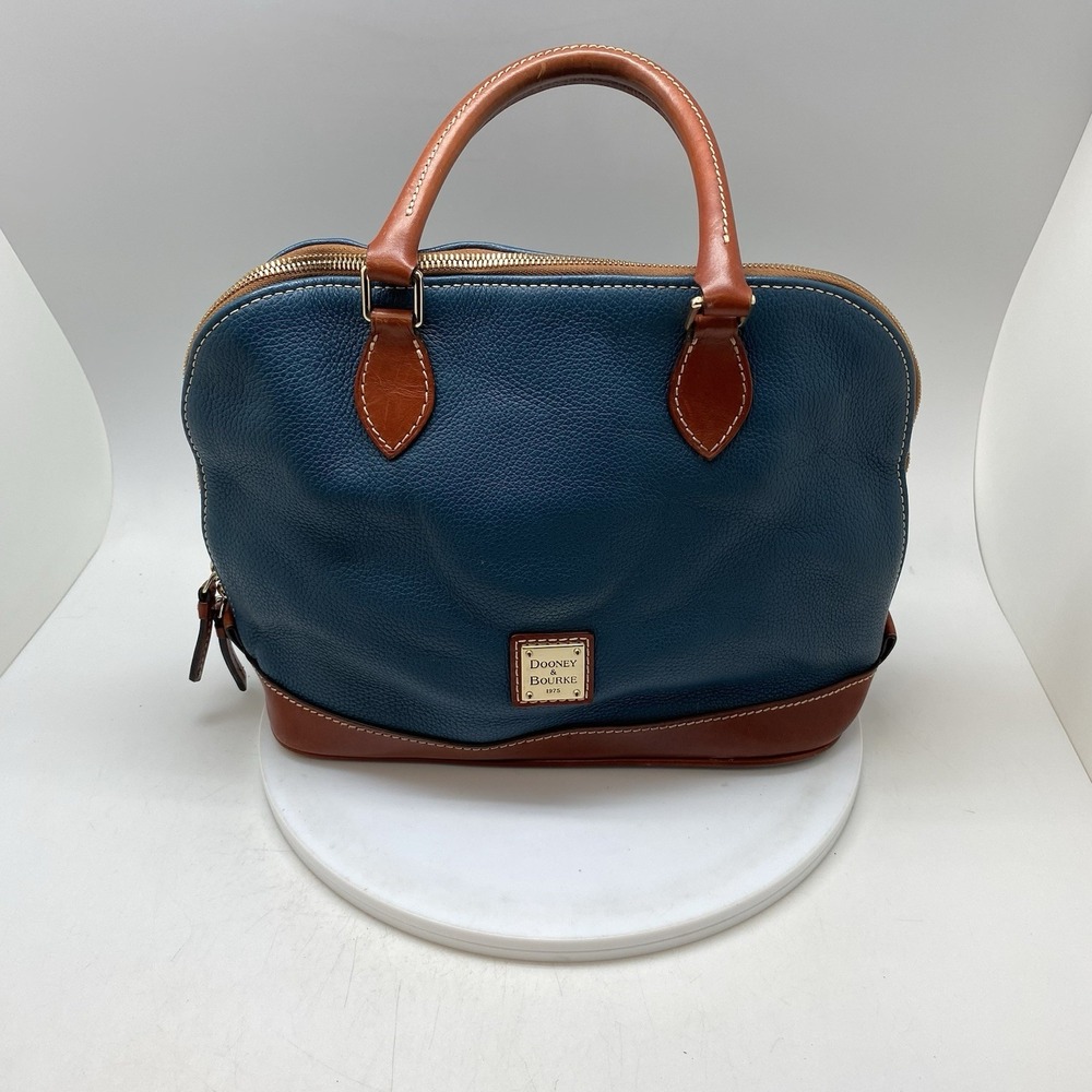 Dooney and Bourke Pebbled Leather Satchel Shoulder Crossbody Brown Blue Zip